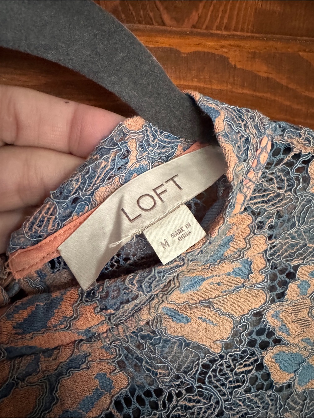 LOFT Blue Lace Floral Long-Sleeve Blouse with Peach Underlay - Picture 4 of 9